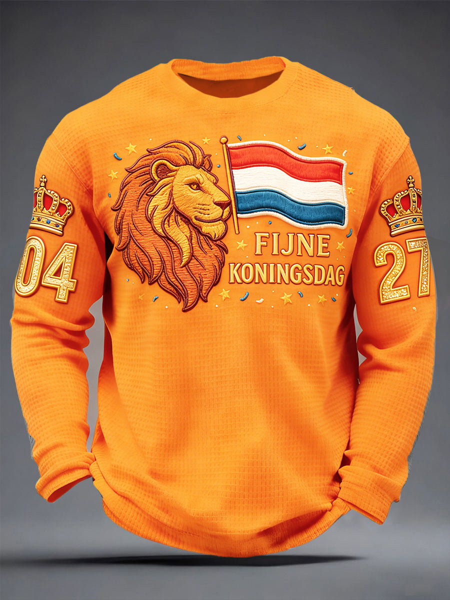 Heren Nederland 0427 Koningsdag Leeuwenprint T-shirt met lange mouwen