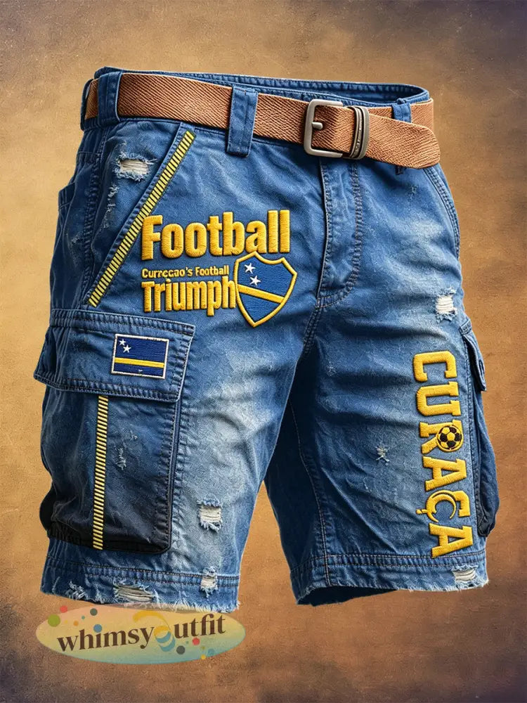 Blauwe Curacao-voetbalshort voor heren met retroprint casual werkshort - Blauw / S
