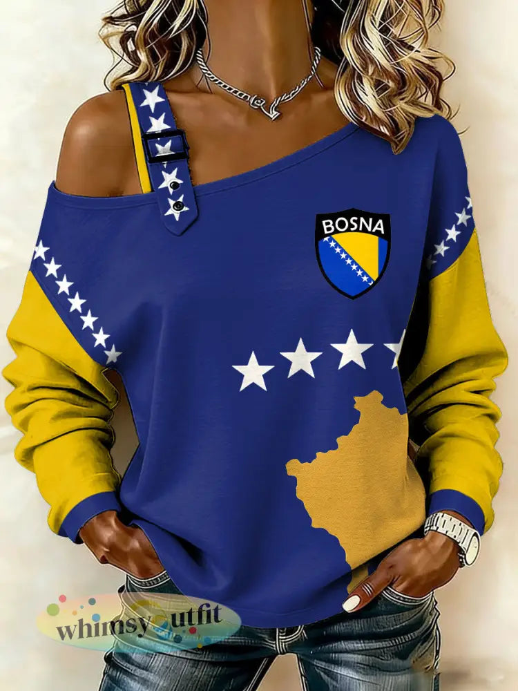 Bosnië-voetballiefhebbers voor dames ZMAJEVI met print casual off-shoulder sweatshirt - Blauw / S