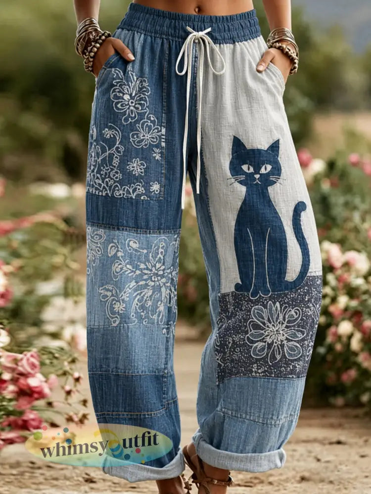 Casual broek met gebloemde kattenprint voor dames - Blauw / S