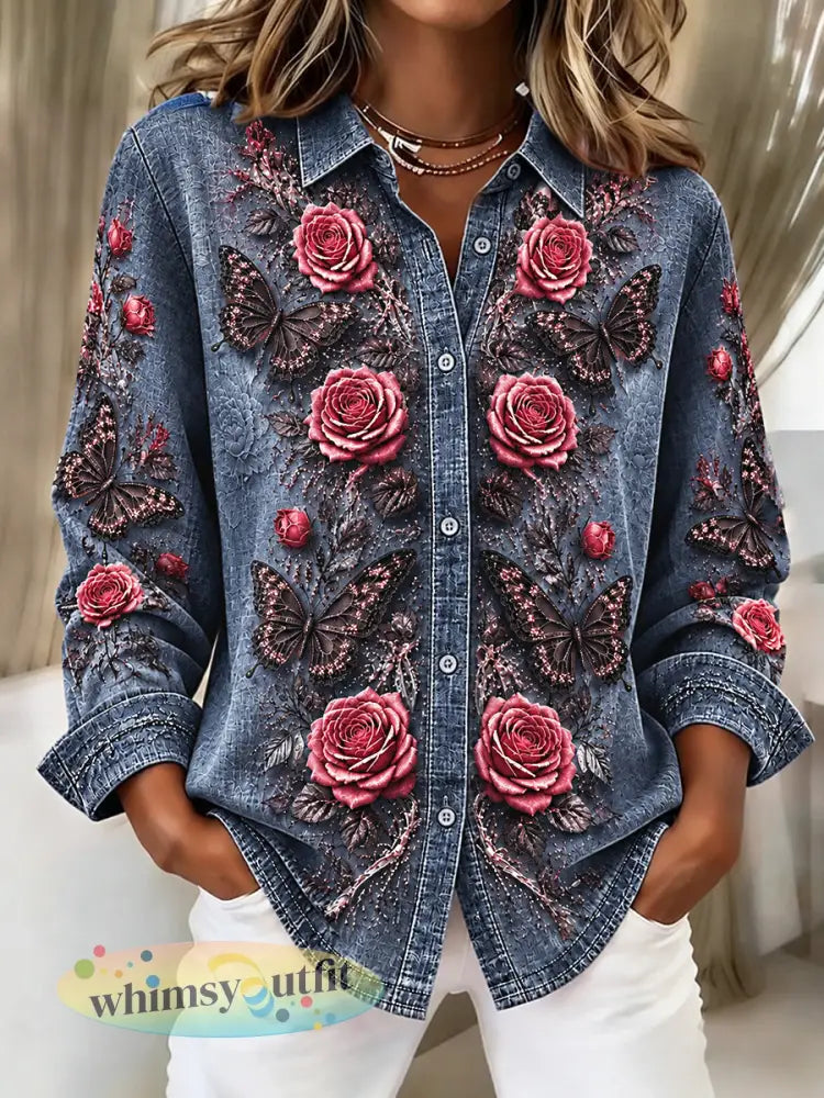 Casual dameshemd met vintage bloemenprint - Donkergrijs / S