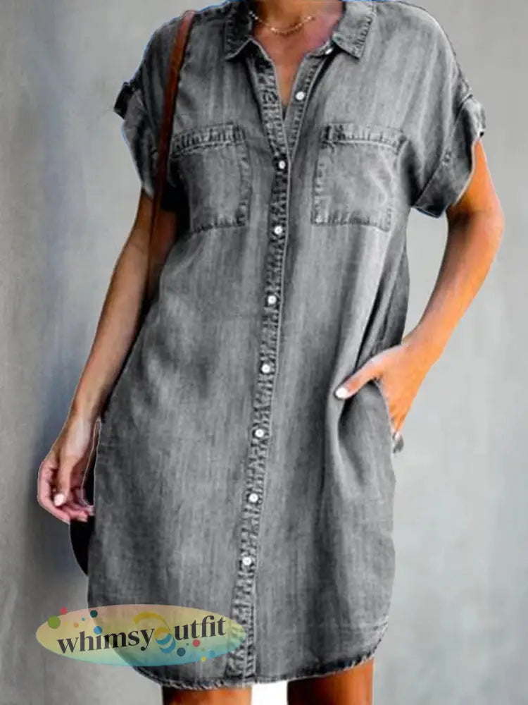 Casual elegante halflange denimjurk voor dames - Grijs / S