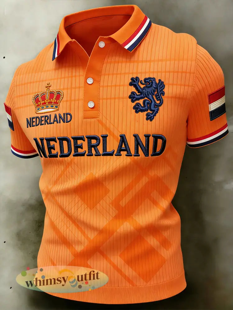 Casual gebreid poloshirt voor heren met etnische print met Koninginnedag-thema - A / S