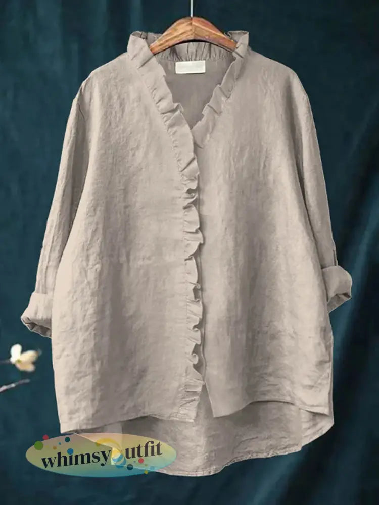 Casual katoenen en linnen damesshirt met ruches - Kaki / S