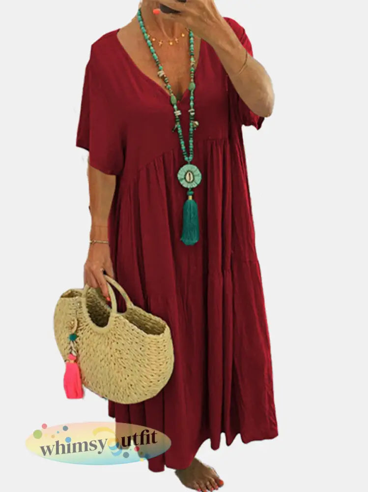 Casual lospassende jurk met V-hals voor dames - Diep Rood / S
