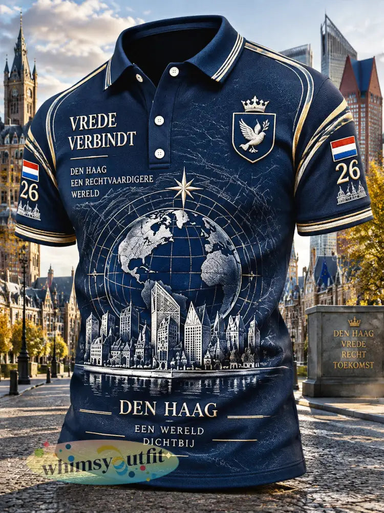 Casual poloshirt voor heren met Nederlandse stadsgezichtsprint van Den Haag - Diep Blauw / S