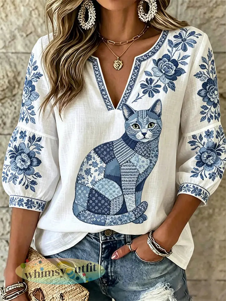 Casual shirt met V-hals en gebloemde kattenprint voor dames - Wit / S
