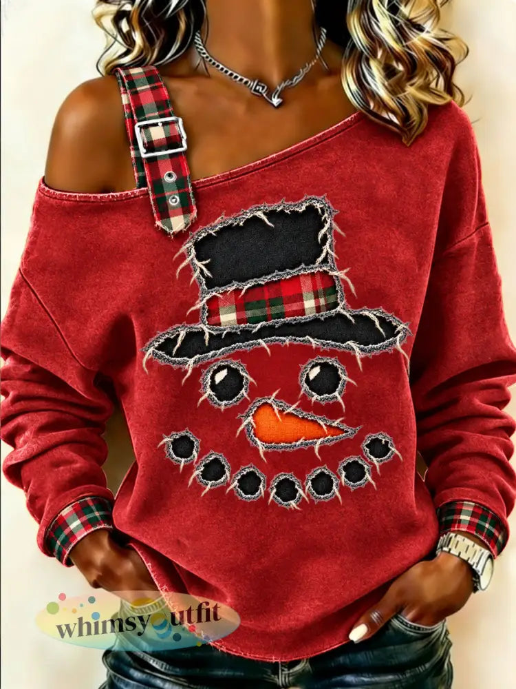Casual sweatshirt met kerstprint - Rood / S