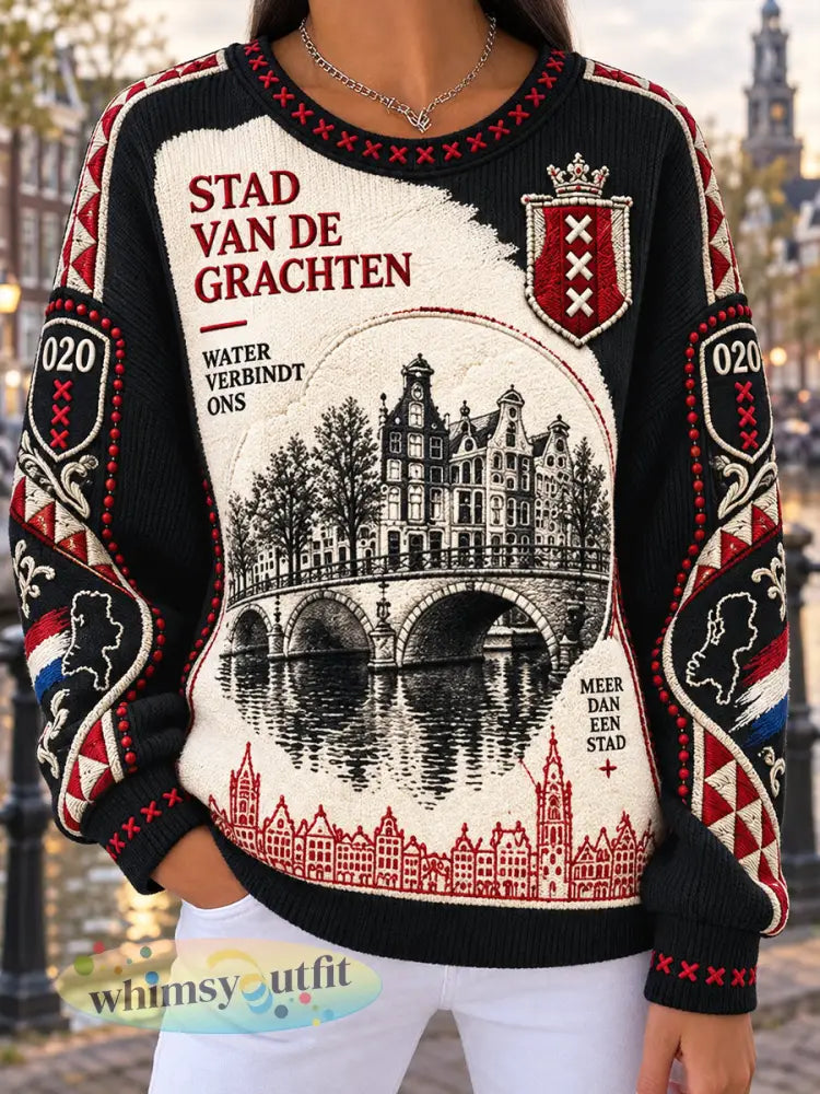 Casual sweatshirt voor dames met Amsterdam-stadpatchworkprint - Veelkleurig / S