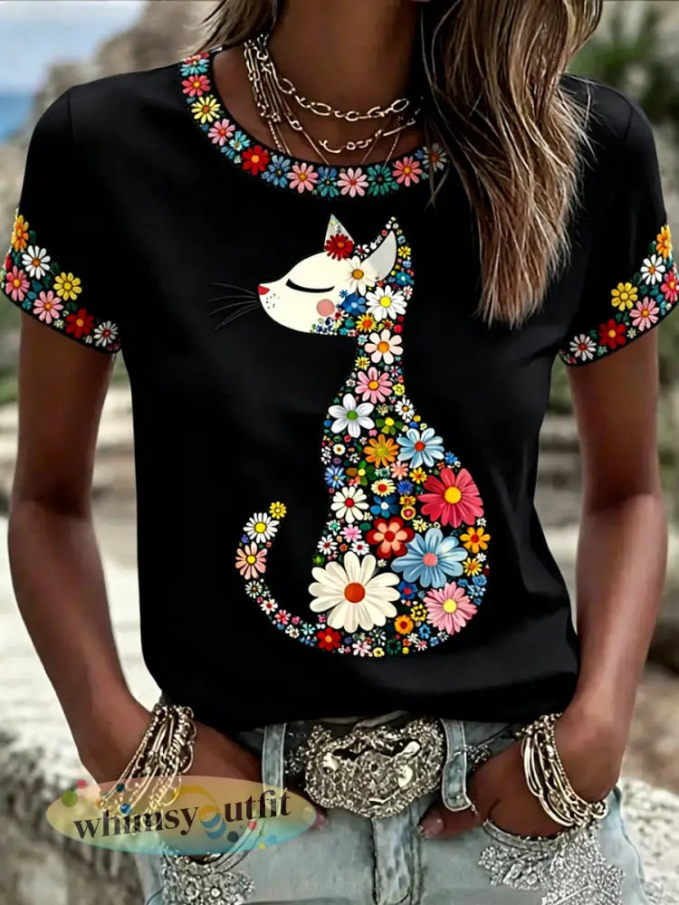 Casual T-shirt met bloemenprint voor dames - Zwart / S