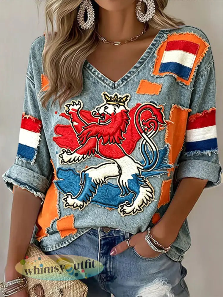 Casual T-shirt met V-hals en faux denim met onregelmatige patchwork voor dames in Holland-stijl - Veelkleurig / S