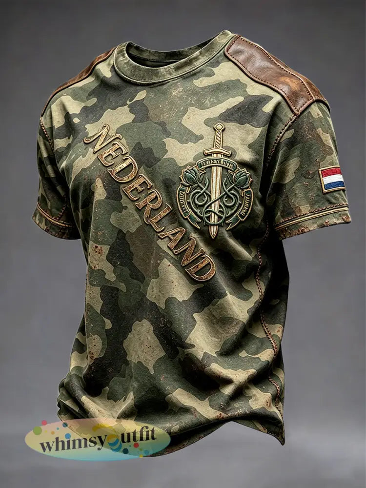 Casual t-shirt voor heren met Nederlandse militaire camouflageprint voor veteranen - Groene Leger / S