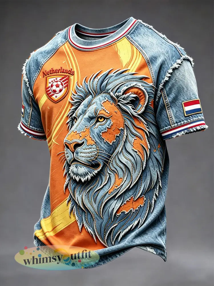 Casual t-shirt voor heren met patchworkprint en voetbalthema - Sinaasappel / S