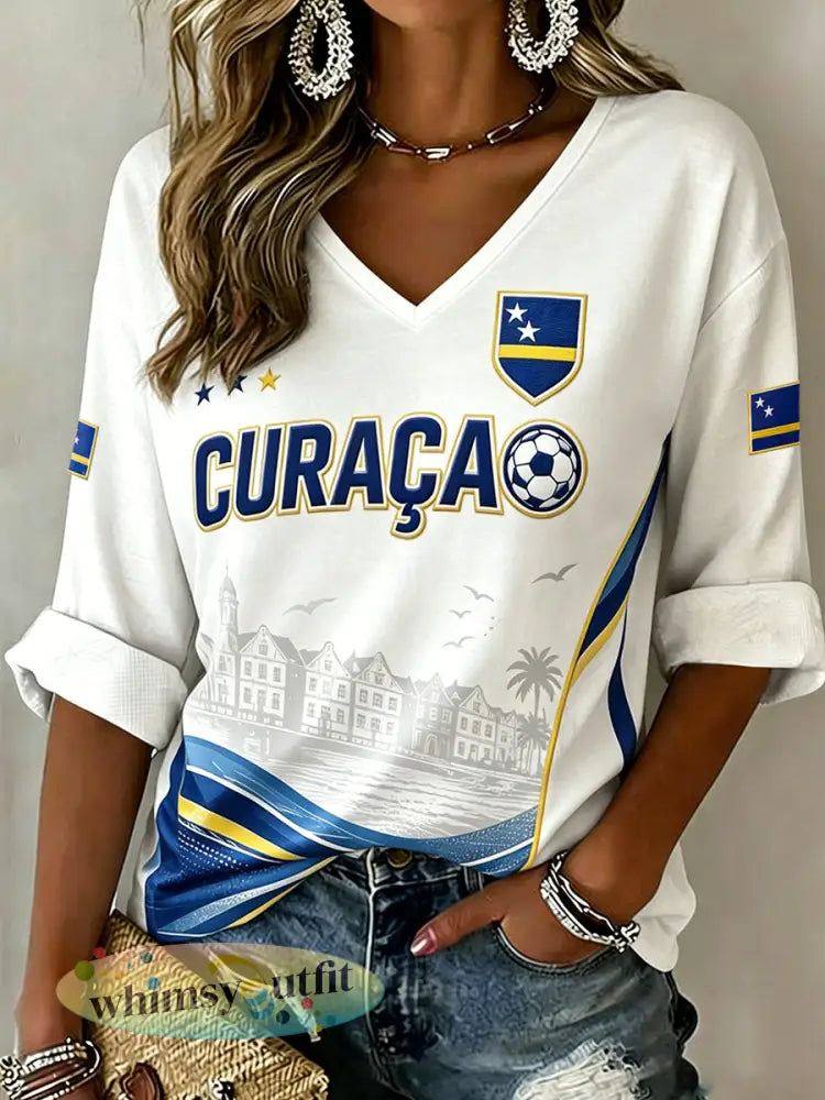 Casual V-hals top met voetbalprint voor dames - A / S