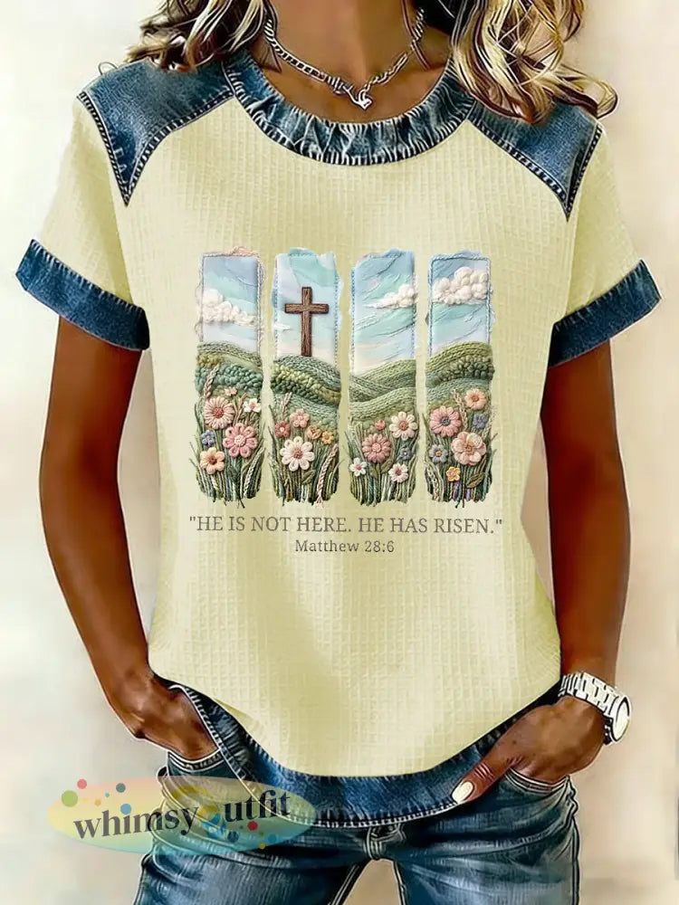 Christelijk Pasen voor dames Hij is hier niet hij is opgestaan Matthew 28:6 Waffle Patchwork T-shirt met korte mouwen