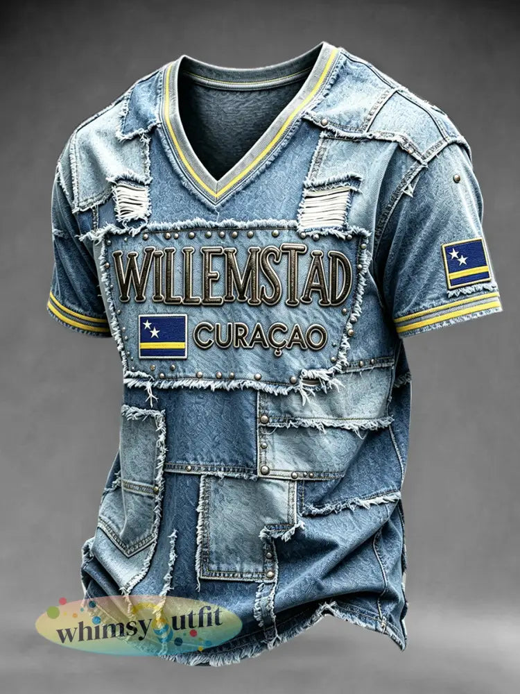 Curaçao heren met vlag-print denim-stijl patchwork casual V-hals T-shirt - Blauw / S