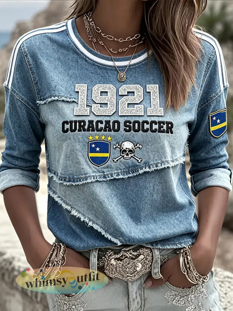 Curaçao voetbal 3D denim-effect patchwork print casual T-shirt met lange mouwen - Blauw / S