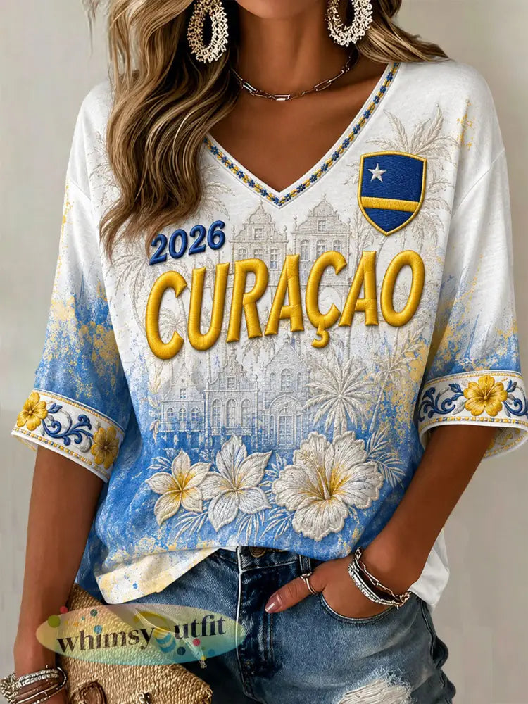 Curaçao voetbalprint casual T-shirt voor dames - als foto / S