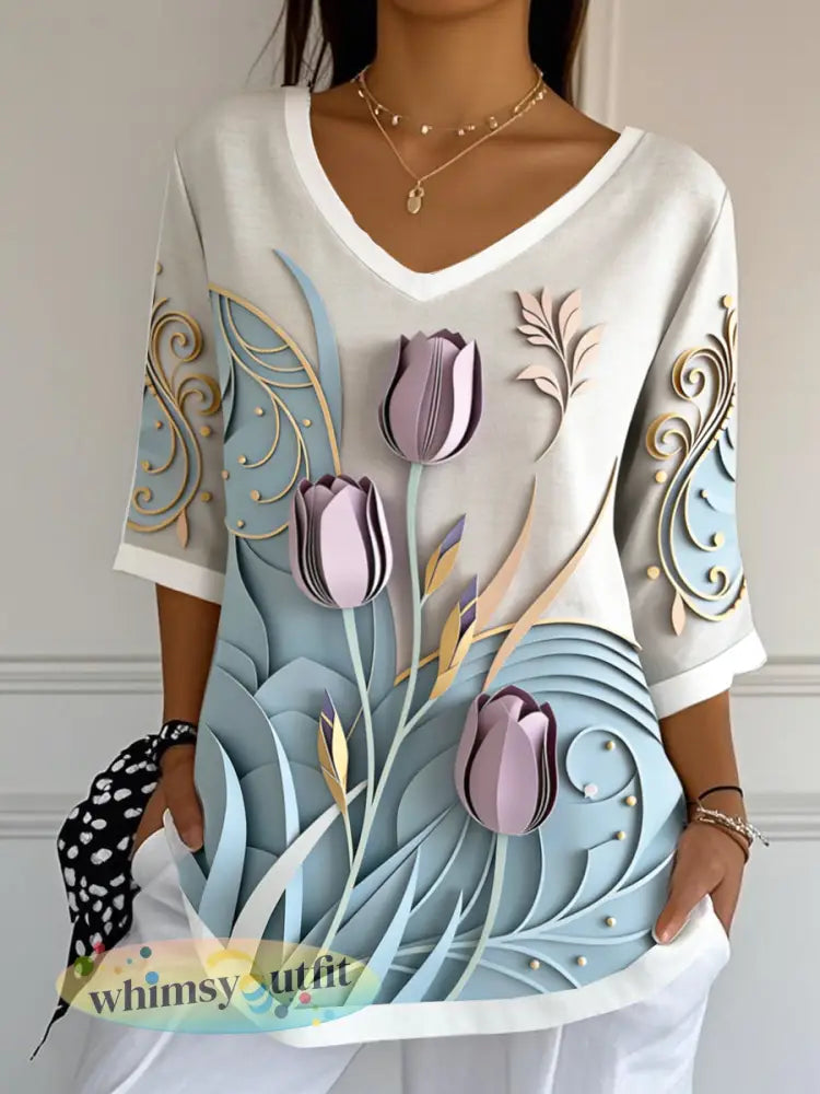 Dames 3D Tulpenprint Moederdag cadeau V-hals Mode T-shirt - Veelkleurig / S