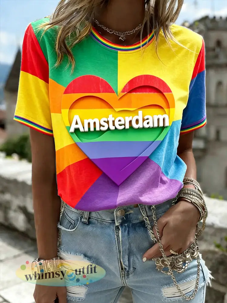 Dames Amsterdam Rainbow Heart Print Casual T-shirt - Veelkleurig / S