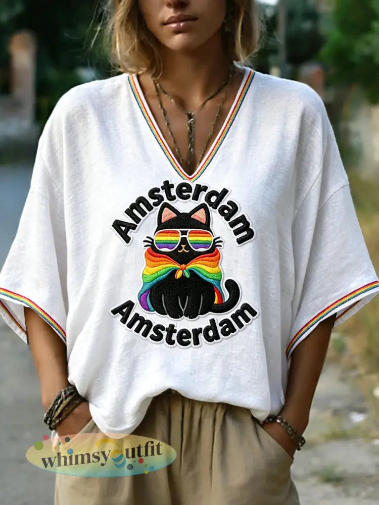 Dames Amsterdam Rainbow LGBT Pride Print Casual V-hals T-shirt - Wit / S