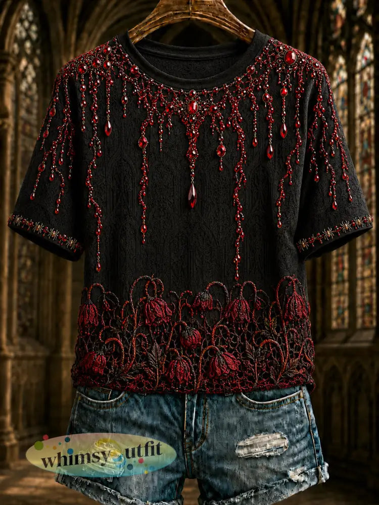 Dames Belgisch Halloween-gothic t-shirt met print vintagestijl modieus wijd korte mouwen - Zwart / S