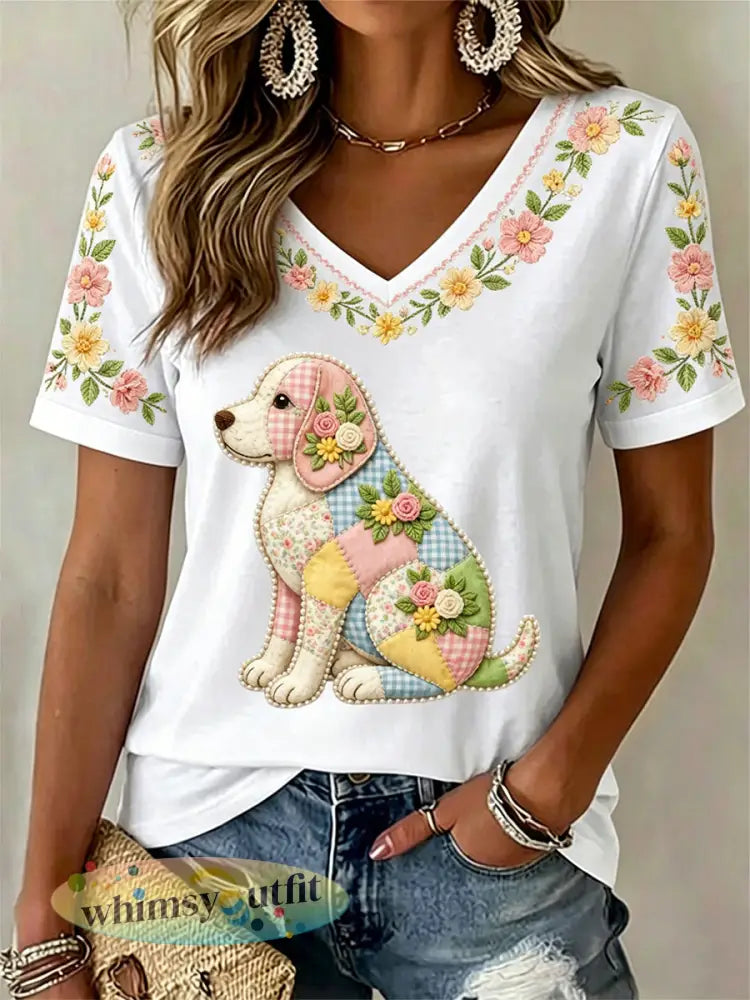 Dames bloemen hond print casual V-hals T-shirt - Wit / S