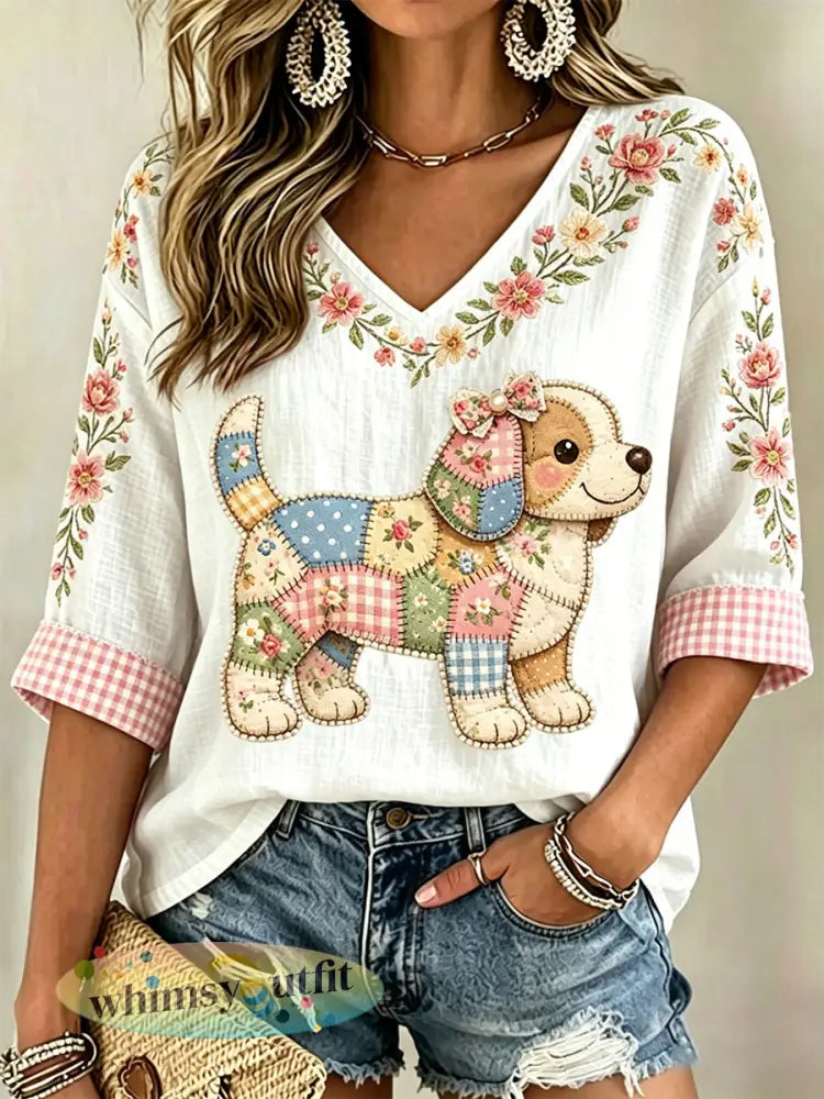 Dames bloemen hond print casual V-hals top - Wit / S