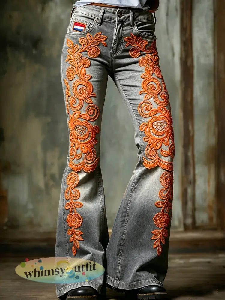 Dames broek met gradiënt en 3D-geprinte Hollandse tulpen casual mode uitlopend - donkergrijs / S