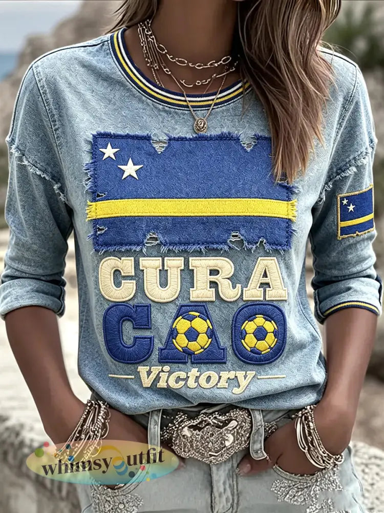 Dames Curaçao Vlag 3D Denim-Effect Print Casual T-shirt met lange mouwen - Blauw / S