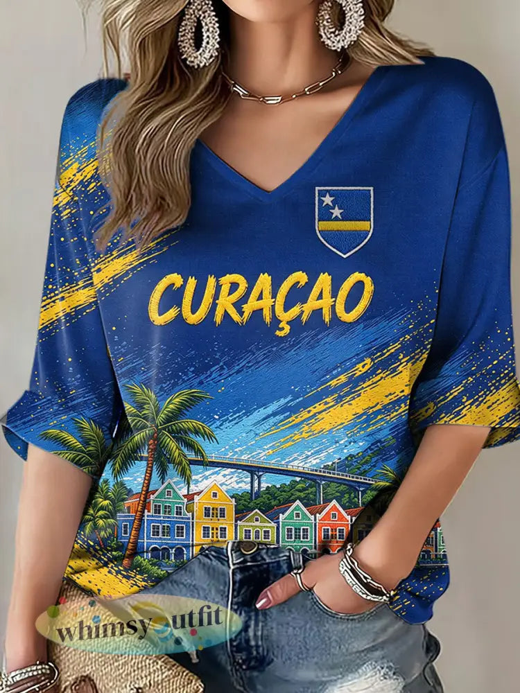 Dames Curaçao voetbalprint casual t-shirt - Blauw / S