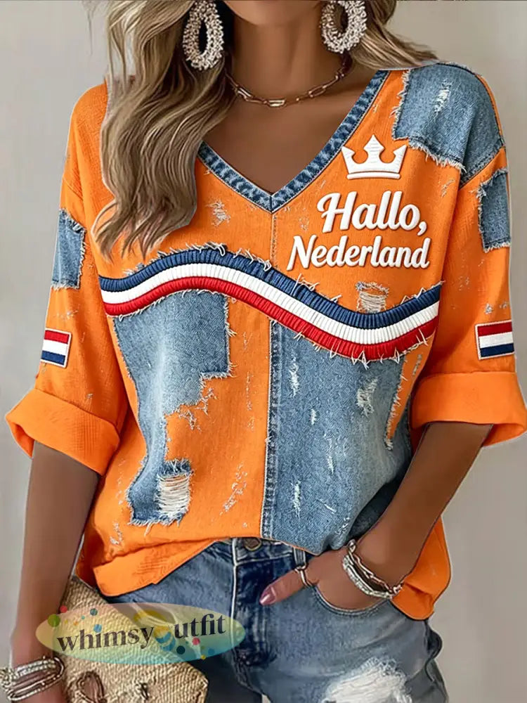 Dames denim-effect patchwork ’Hello Nederland’ print casual V-hals T-shirt - Sinaasappel / S