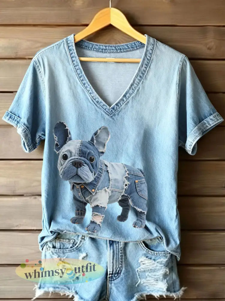 Dames Denim Patchwork Kunst Franse Bulldog Patroon V-hals T-shirt - Blauw / S