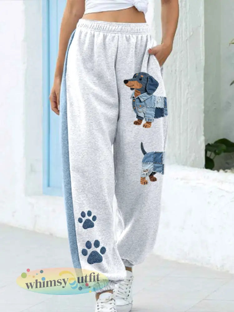 Dames denim patchwork kunst teckelpatroon broek - als foto / S