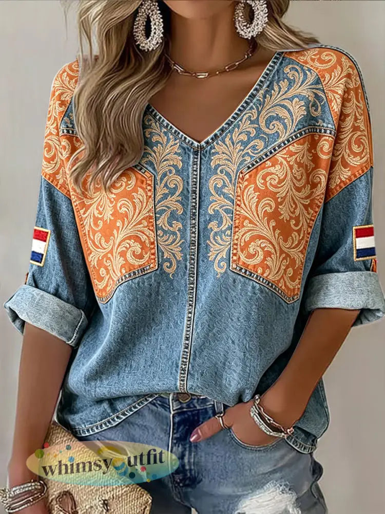 Dames Denim T-shirt met Bloemenprint en Patchwork V-hals Casual - Blauw / S