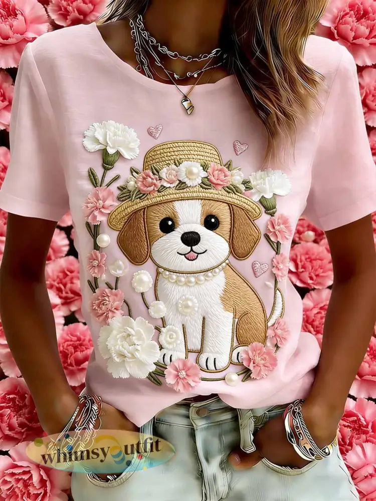 Dames elegant hond mama liefde patroon bedrukt casual T-shirt - als foto / S