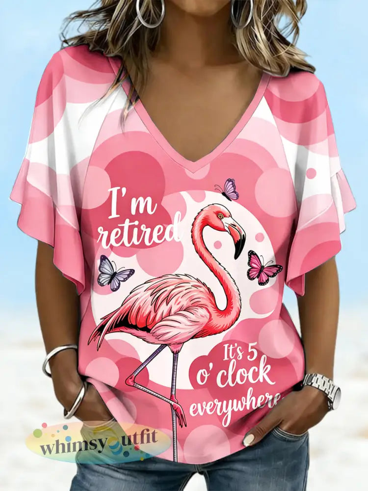 Dames Flamingo pensioen roze print casual V-hals mode T-shirt - Roze / S