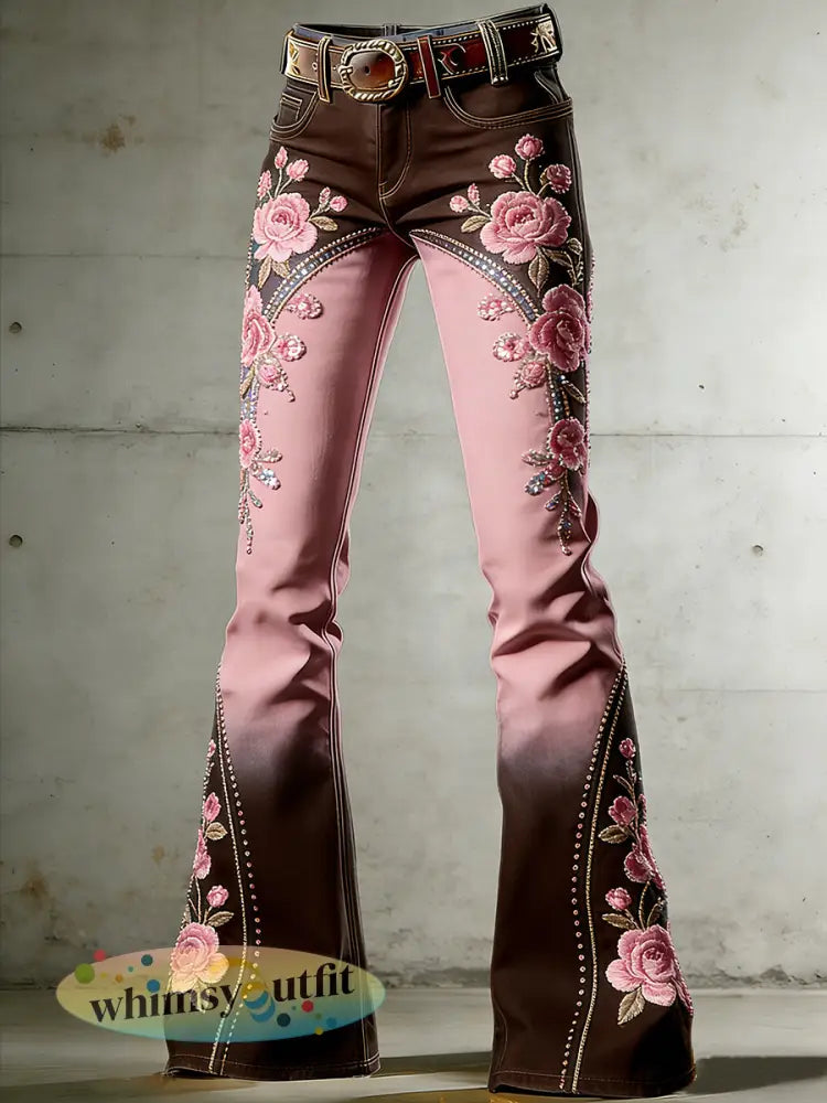 Dames gebloemde broek met kunstprint - Donkerbruin / S