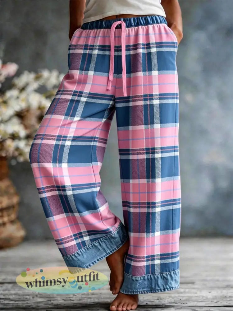 Dames geruite print patchwork kunst casual broek - Roze / S