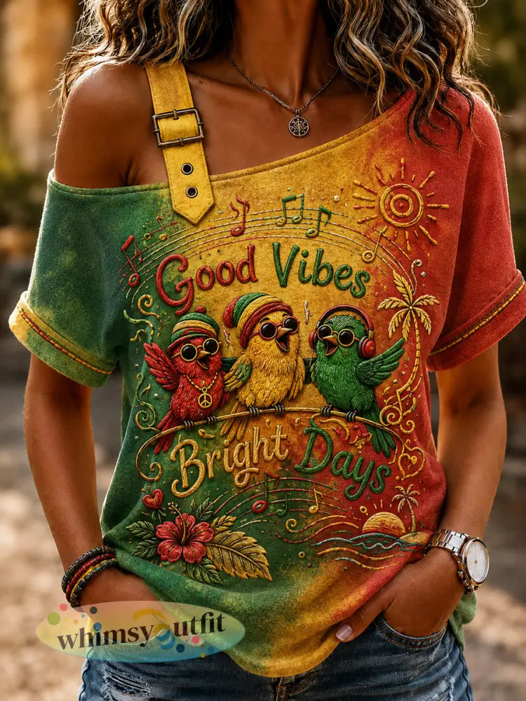 Dames gradiënt casual off-the-shoulder T-shirt voor Reggae Music Fans - als foto / S