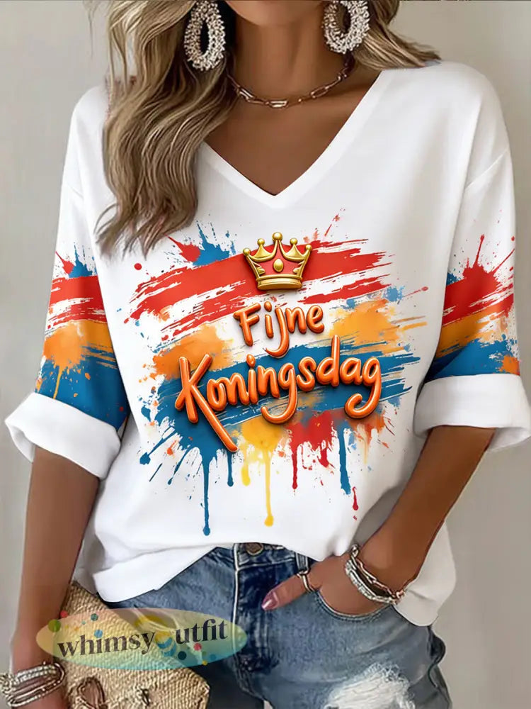 Dames Holland Koningsdag Graffiti 3D Print Casual V-hals Top - Wit / S