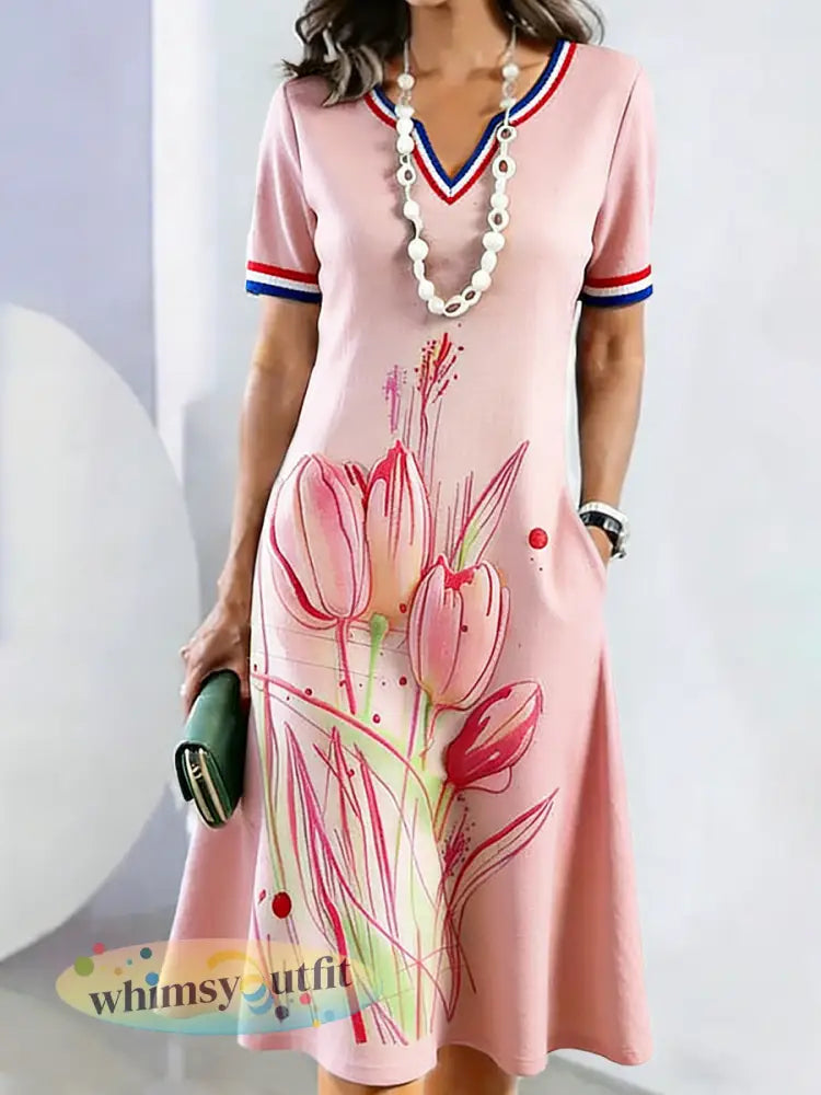 Dames Holland Moederdag Geschenk 3D Tulpenprint Casual V-hals jurk - Roze / S