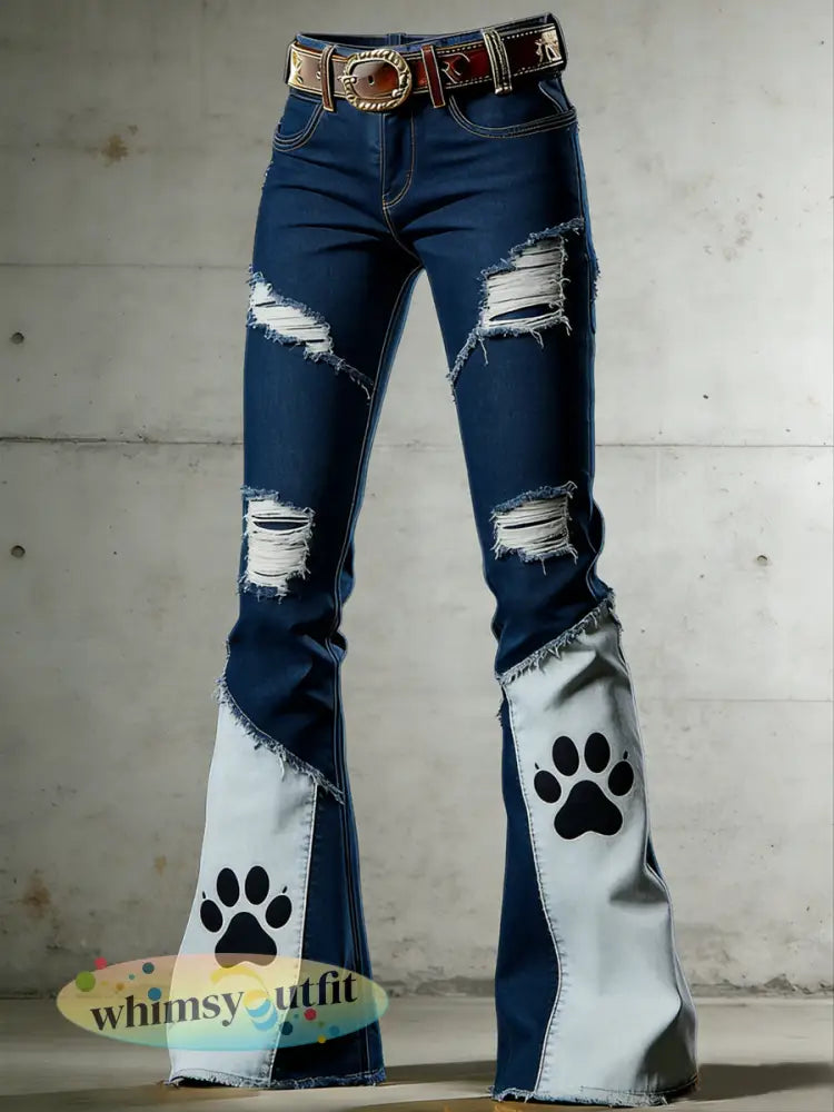 Dames hond paw dierenkunst print uitlopende broek - Blauw / S