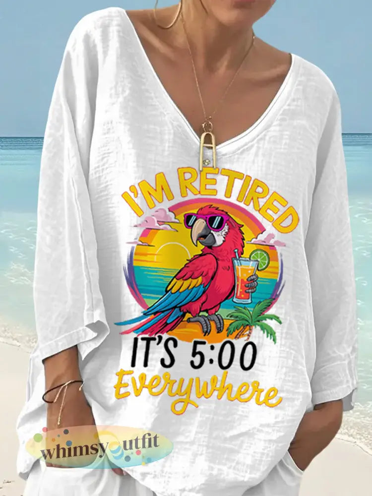 Dames Ik ben met pensioen Het is 5 uur overal papegaaienprint casual top - Wit / S