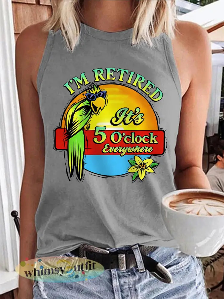 Dames Ik ben met pensioen Het is 5 uur overal papegaaienprint casual vest - Lichtgrijs / S