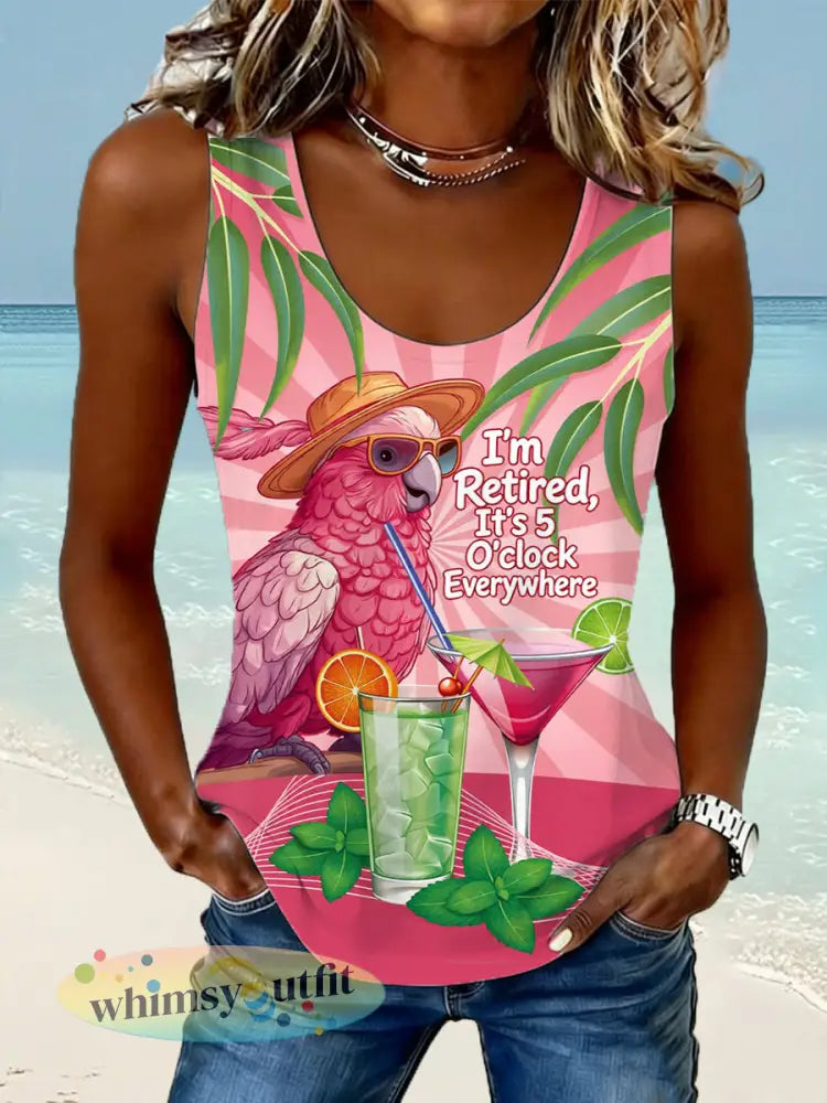 Dames Ik ben met pensioen het is 5 uur per dag overal papegaaienprint casual vest - Rose Rood / S