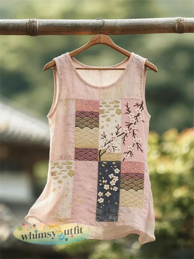 Dames Japanse kunst kersenbloesempatroon linnen blend top - Roze / S