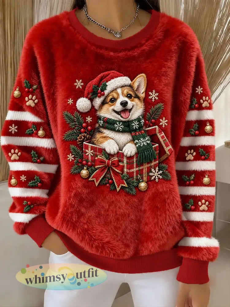 Dames kerst hond bedrukt flanellen sweatshirt - Rood / S