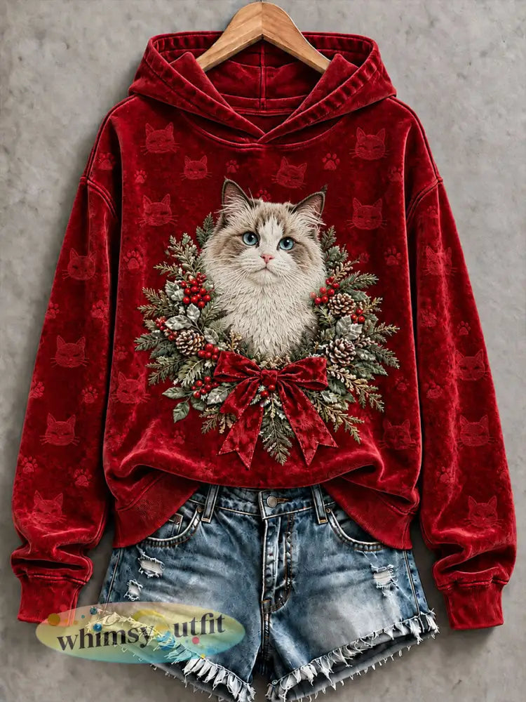 Dames kerst Ragdoll Cat Print Hoodie - Rood / S