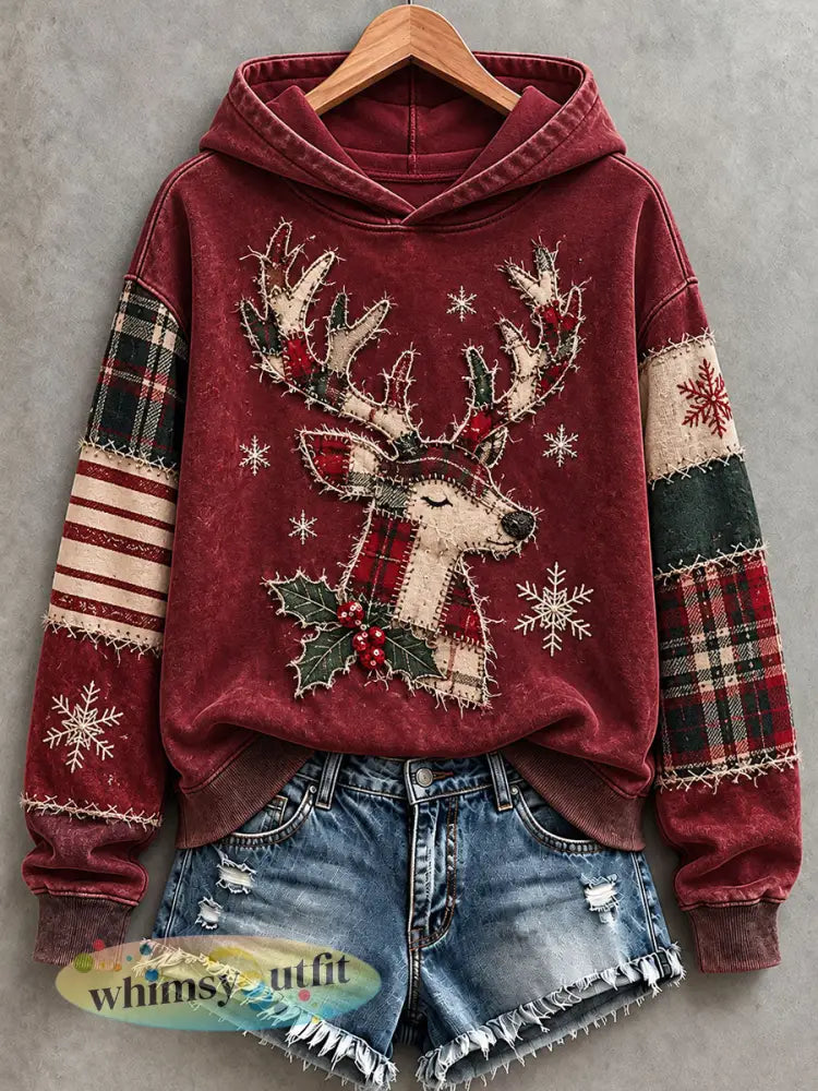 Dames kerst rendieren hoodie - Wijnrood / S